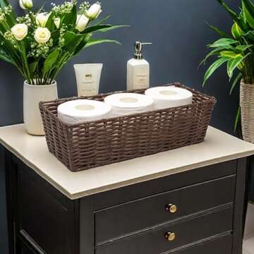 GIB Bathroom Toilet Paper Baskets for Back of Toilet Tank Topper Trays, Small Woven Wicker Baskets for Organizing, Waterproof Bathroom Decor Baskets, Dark Brown, 2 Pack