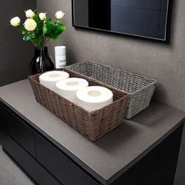 GIB Bathroom Toilet Paper Baskets for Back of Toilet Tank Topper Trays, Small Woven Wicker Baskets for Organizing, Waterproof Bathroom Decor Baskets, Dark Brown, 2 Pack