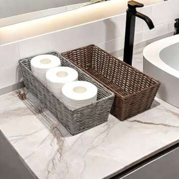 GIB Bathroom Toilet Paper Baskets for Back of Toilet Tank Topper Trays, Small Woven Wicker Baskets for Organizing, Waterproof Bathroom Decor Baskets, Dark Brown, 2 Pack