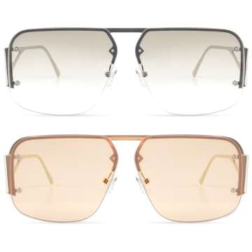 Stylish Aviator Sunglasses for Men Womens - Retro Metal Rimless Frames Square Shades with UV400 Protection