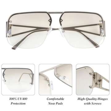 Stylish Aviator Sunglasses for Men Womens - Retro Metal Rimless Frames Square Shades with UV400 Protection