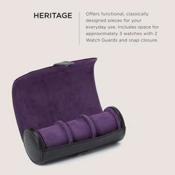 WOLF Heritage Watch Roll, Blake Black/Purple - Holds Up to Three Watches - Vegan Leather, Ultra-Sued...