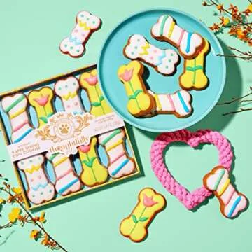 Thoughtfully Pets, Gourmet Dog Cookie Gift Set, Peanut Butter Flavored Crunchy Dog Treats in Bone Shape with Easter Designs, Set of 8