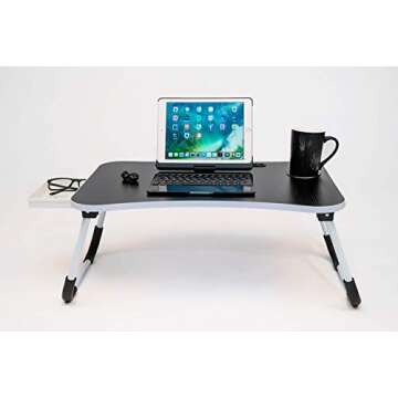 Foldable Laptop Bed Tray - Foldable Desk with Storage Drawer, Folding Aluminum Tube Legs - Mobile Phone and Tablet Slot, Pen and Cup Holders - Portable Ergonomic Table for Work, Gaming, Movie Nights
