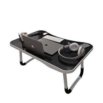 Foldable Laptop Bed Tray - Foldable Desk with Storage Drawer, Folding Aluminum Tube Legs - Mobile Phone and Tablet Slot, Pen and Cup Holders - Portable Ergonomic Table for Work, Gaming, Movie Nights