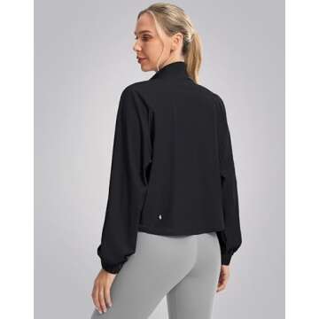 Soothfeel Women's Athletic Workout Jacket Lightweight UPF 50+ Long Sleeve Sun Protection Shirts Zip Up Cropped Sun Jacket Hiking Tops (Black, S)