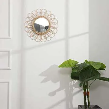 Tenrry Hanging Mirror Rattan Sunflower Circular Wall Mirror Decor Boho Wicker Dressing Makeup Mirrors
