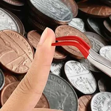 2 Piece Tweezers with Rubber Tips Set - Bent and Straight Flat Tips Tweezers PVC Coated for Stamp Coins Jewelry Crafts, Electronics(Silver, Red)