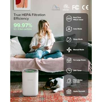 Airversa True HEPA Air Purifier for Home Bedroom Large Room 1,050 Sq Ft Air Filters Up to 99.97% PM2...