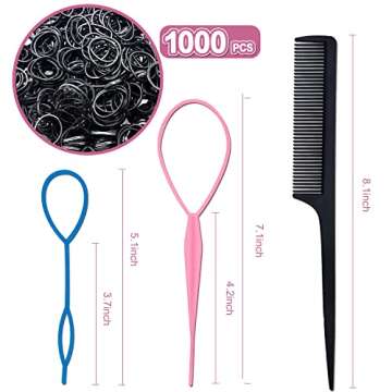 AIBEE Rubber Bands for Hair - 1000pcs Elastic Hair Ties with 2pcs Rat Tail Combs 4pcs Topsy Tail Hair Tool Mini Elastic Hair Rubber Bands Hair Tools for Styling