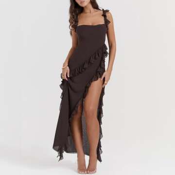 Lossarye Women's High Slit Ruffle Bodycon Maxi Dress Wide Strap Square Neck Backless Wedding Party Prom Dress (Brown,XL,X-Large)