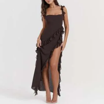 Lossarye Women's High Slit Ruffle Bodycon Maxi Dress Wide Strap Square Neck Backless Wedding Party Prom Dress (Brown,XL,X-Large)