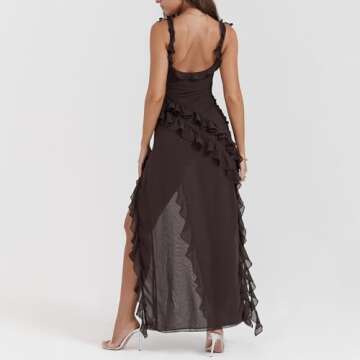 Lossarye Women's High Slit Ruffle Bodycon Maxi Dress Wide Strap Square Neck Backless Wedding Party Prom Dress (Brown,XL,X-Large)