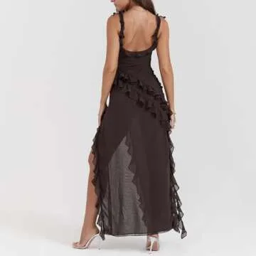 Lossarye Women's High Slit Ruffle Bodycon Maxi Dress Wide Strap Square Neck Backless Wedding Party Prom Dress (Brown,XL,X-Large)