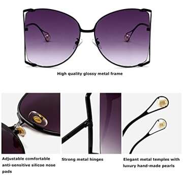 Armear Women Oversized Semi Rimless Sunglasses Retro Gold Metal Frame Brown Lens Fashion Pearl Design 64mm