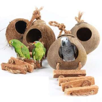 Natural Coconut Shell Bird House with Rope Ladder for Pet Birds and Small Animals