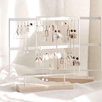 lemonadeus Earrings Organizer Jewelry Display Wood Stand (44 Holes 2 Layers) (white)