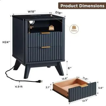 T4TREAM Fluted Nightstand with Charging Station, 18" Modern Side Table with Faux Marble Top, 2 Drawe...