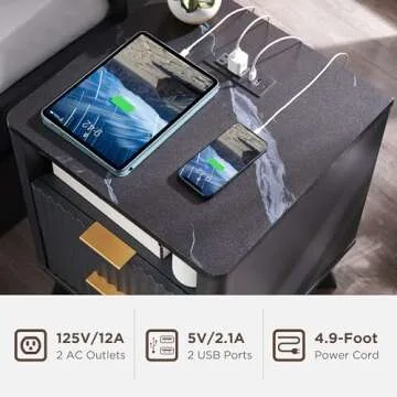 T4TREAM Fluted Nightstand with Charging Station, 18" Modern Side Table with Faux Marble Top, 2 Drawers End Table w/Storage, Bedside Table for Bedroom, Living Room, Curved Profile Design, Dark Grey