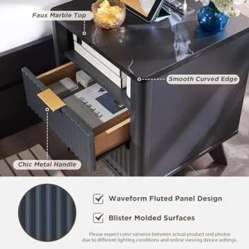 T4TREAM Fluted Nightstand with Charging Station, 18" Modern Side Table with Faux Marble Top, 2 Drawers End Table w/Storage, Bedside Table for Bedroom, Living Room, Curved Profile Design, Dark Grey