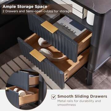 T4TREAM Fluted Nightstand with Charging Station, 18" Modern Side Table with Faux Marble Top, 2 Drawers End Table w/Storage, Bedside Table for Bedroom, Living Room, Curved Profile Design, Dark Grey