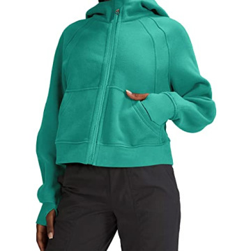 LASLULU Womens Cropped Hoodies Crop Tops Sport Athletic Hoodie Stand Collar Zipper Sweatshirt Long Sleeve Pullover Tops Fleece Lined Sweater(Aqua Green Large)