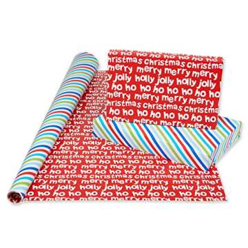 American Greetings 120 sq. ft. Reversible Kids Christmas Wrapping Paper Bundle, Stripes, Blue Snowmen and Red Penguins (3 Rolls Extra Wide 40 in. x 12 ft.)