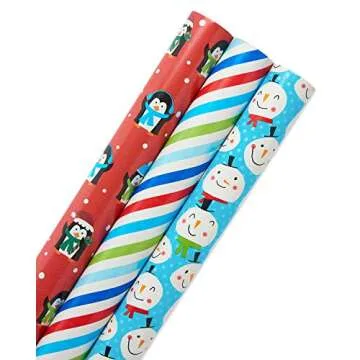 American Greetings 120 sq. ft. Reversible Kids Christmas Wrapping Paper Bundle, Stripes, Blue Snowmen and Red Penguins (3 Rolls Extra Wide 40 in. x 12 ft.)