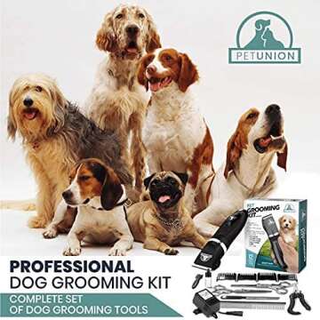 Pet Union Professional Dog Grooming Kit - Cordless Low Noise Dog Clippers for Grooming Thick Coats - All Pet Safe Cat Hair Trimmer - Pet Grooming Kit Includes Dog Hair Clippers, Nail Trimmer & Shears