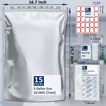 15 Pack 5 Gallon Mylar Bags with Oxygen Absorbers - 10.5 Mil Mylar Bags for Food Storage with 15 Sin...