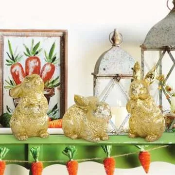 Hodao 3 PCS Easter Bunny Decorations Spring Easter Rabbit Decor Figurines Easter Day Tabletopper Decorations for Easter Party Home Holiday Cute Rabbit Easter Day Gifts Decorations (Gold)