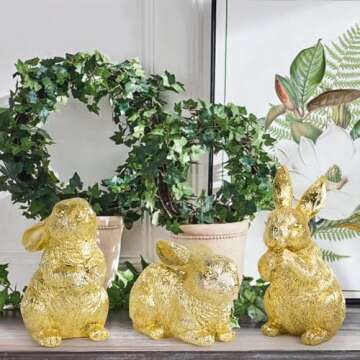 Hodao 3 PCS Easter Bunny Decorations Spring Easter Rabbit Decor Figurines Easter Day Tabletopper Decorations for Easter Party Home Holiday Cute Rabbit Easter Day Gifts Decorations (Gold)