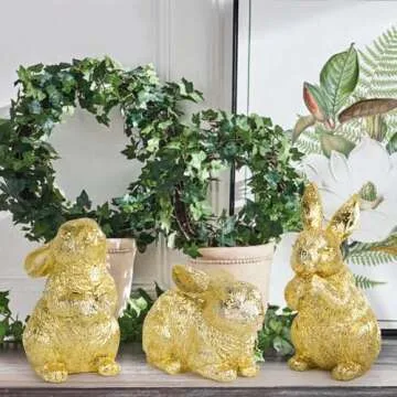 Hodao 3 PCS Easter Bunny Decorations Spring Easter Rabbit Decor Figurines Easter Day Tabletopper Decorations for Easter Party Home Holiday Cute Rabbit Easter Day Gifts Decorations (Gold)