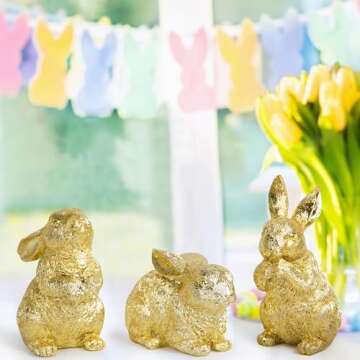 Hodao 3 PCS Easter Bunny Decorations Spring Easter Rabbit Decor Figurines Easter Day Tabletopper Decorations for Easter Party Home Holiday Cute Rabbit Easter Day Gifts Decorations (Gold)