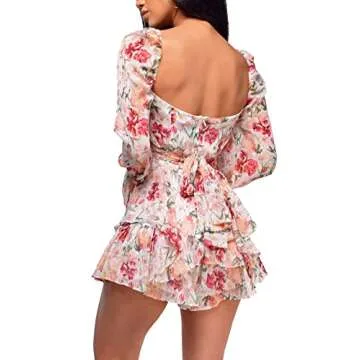 LYANER Women's Floral Print Off Shoulder Long Sleeve Ruffle Hem Romper Short Jumpsuit Floral Pink Me...