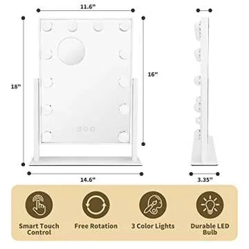 Vanity Mirror with Lights,Lighted Vanity Mirror with 12 Dimmable Bulbs for Dressing Room & Bedroom,3 Color Lighting,Modes Detachable 10x Magnification 360°Ratation