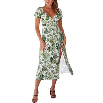 AIMCOO Womens Sweetheart V Neck Floral Midi Dress Short Puff Sleeve Side Split Smocked Back Casual Solid Dress for Summer