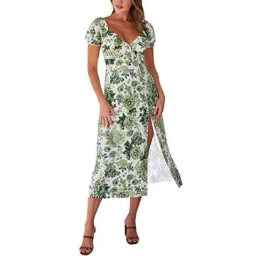 AIMCOO Womens Sweetheart V Neck Floral Midi Dress - Perfect for Summer Casual Wear