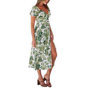 AIMCOO Womens Sweetheart V Neck Floral Midi Dress Short Puff Sleeve Side Split Smocked Back Casual Solid Dress for Summer