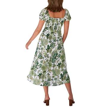 AIMCOO Womens Sweetheart V Neck Floral Midi Dress Short Puff Sleeve Side Split Smocked Back Casual Solid Dress for Summer