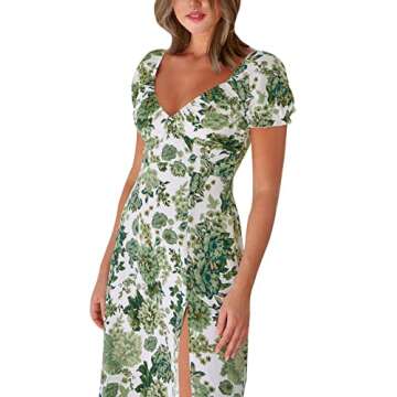 AIMCOO Womens Sweetheart V Neck Floral Midi Dress Short Puff Sleeve Side Split Smocked Back Casual Solid Dress for Summer