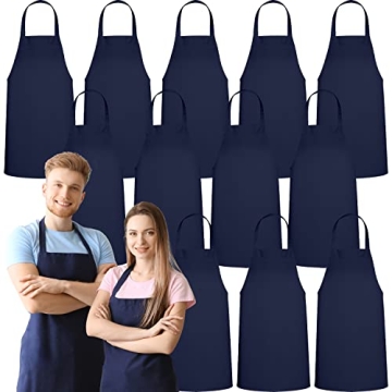 GREEN LIFESTYLE 12 Pack Bib Apron - Unisex Navy Aprons, Machine Washable Aprons for Men and Women, K...