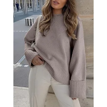 ANRABESS Women's Oversized Crewneck Long Sleeve Fuzzy Knit Casual Chunky Warm 2024 Fall Pullover Sweaters Top Trendy Outfits Purple X-Small