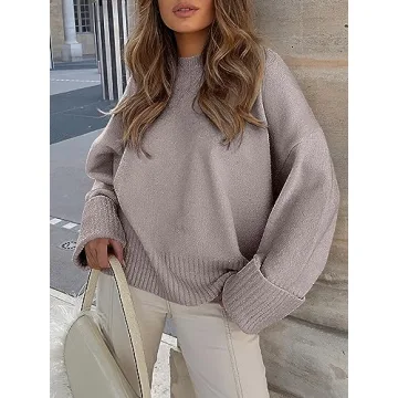 ANRABESS Women's Oversized Crewneck Long Sleeve Fuzzy Knit Casual Chunky Warm 2024 Fall Pullover Sweaters Top Trendy Outfits Purple X-Small