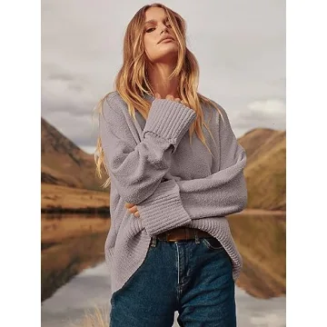 ANRABESS Women's Oversized Crewneck Long Sleeve Fuzzy Knit Casual Chunky Warm 2024 Fall Pullover Sweaters Top Trendy Outfits Purple X-Small
