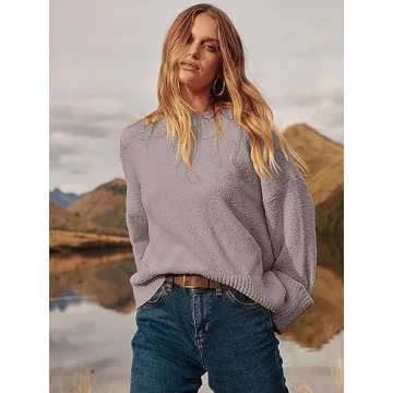 ANRABESS Women's Oversized Crewneck Long Sleeve Fuzzy Knit Casual Chunky Warm 2024 Fall Pullover Sweaters Top Trendy Outfits Purple X-Small