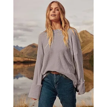 ANRABESS Women's Oversized Crewneck Long Sleeve Fuzzy Knit Casual Chunky Warm 2024 Fall Pullover Sweaters Top Trendy Outfits Purple X-Small