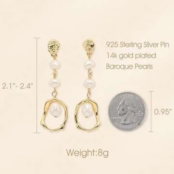 Baroque Pearl Drop 14K Gold Statement Dangle Earrings for Women