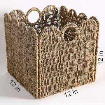 Stylish Scalloped Wicker Storage Cubes Set, 12”x12”, Heavy Duty Natural Baskets for Home