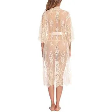Avidlove Women Sexy Long Lace Lingerie Kimono Robe Sheer Babydoll Nightgown Nightdress